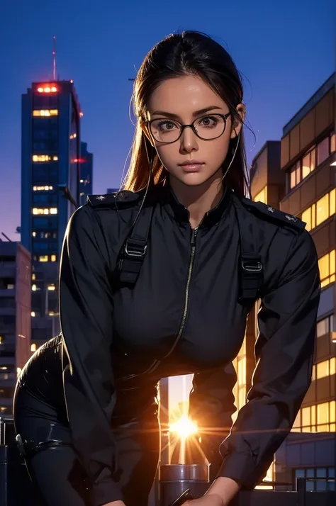 High quality image, beautiful woman, well-formed face, symmetrical eyes, thin under-rim glasses, police special forces, black bodysuit, combat boots, holster, headset intercom, on the roof of a building, with the sunset behind her,