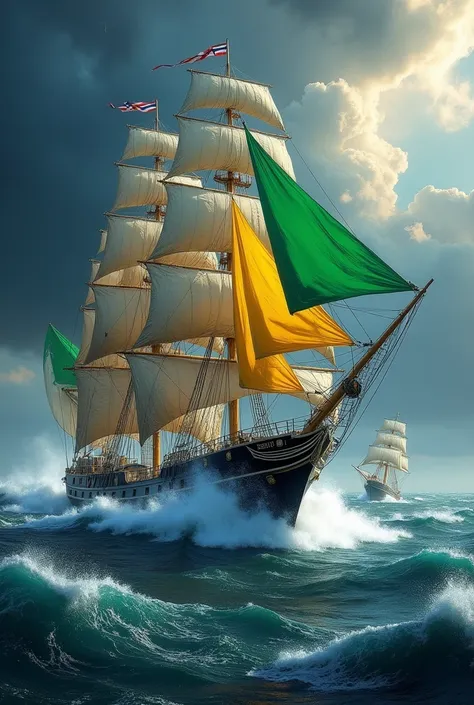 A saleship with green and gold flag, it is fighting a lil ship with blue and silver flag