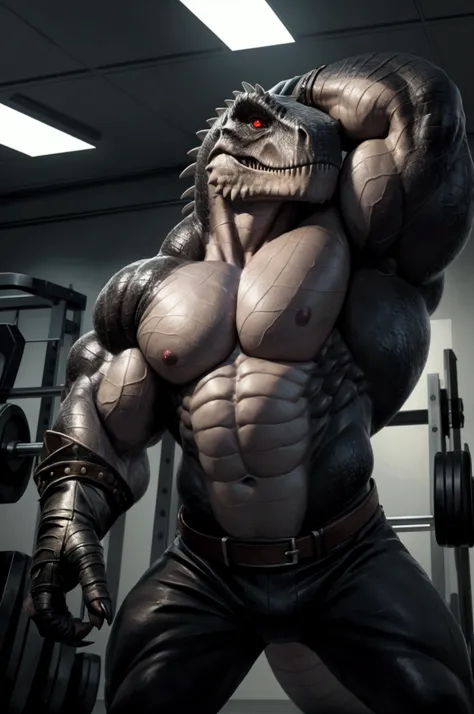 solo, anthro, furry male, T-Rex, ((detailed muscles)), (T-Rex print), black scales, white belly, short spiny scales, Front Double Biceps Pose, bodyguard outfit, black claws, red eyes, slit eyes, slim fit, muscular slim, gym, menacing, menacingly handsome, ...