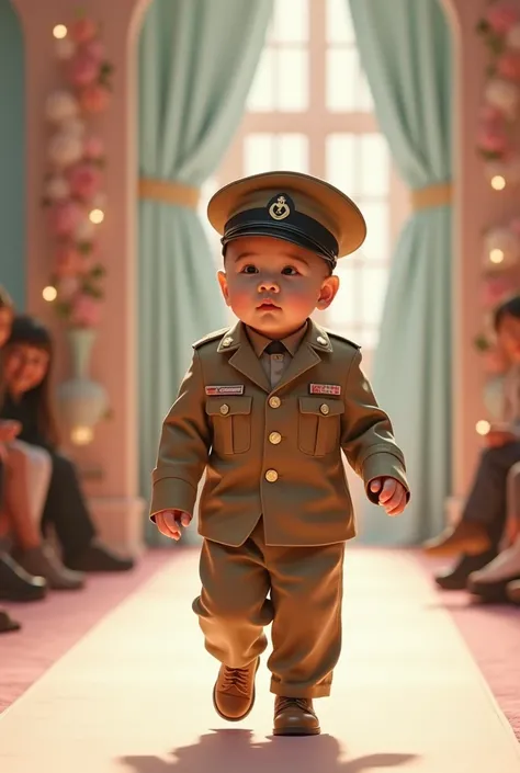 Cute baby with very big head wearing infantry uniform and infantry hat on his head in fashion show realistic style full body