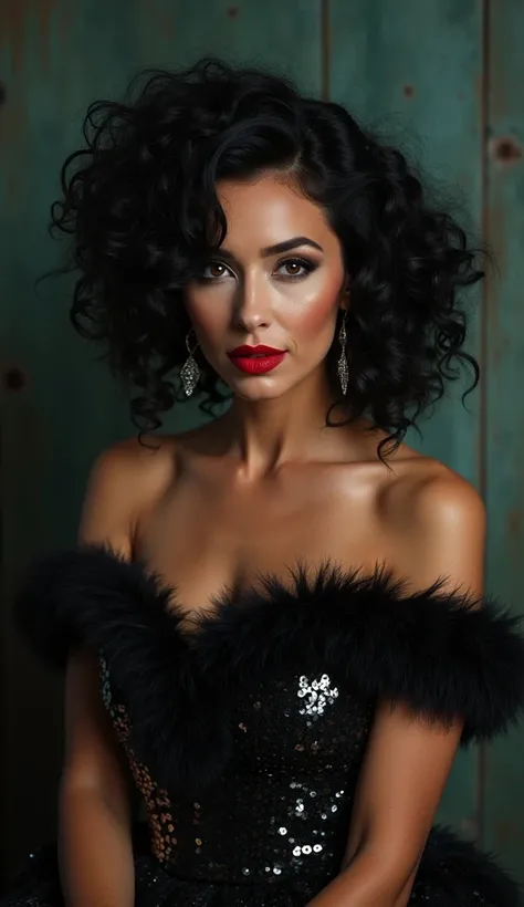 (mature woman:1.1), black curly hair, red lipstick, (fuffy short dress with sequins:1.4), earrings, ((masterpiece)), (high quality), (best quality), (detailed), hd, perfect lighting, detailed face, detailed body, goth, gothic.