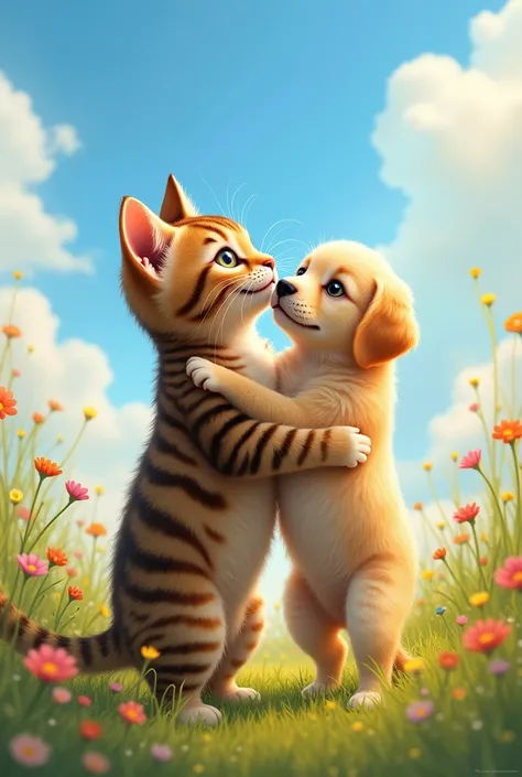 A cat standing on two legs, cat holding a dog with its paws, cat smiling face in a beautiful nature scenery background