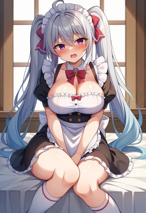 Yukinecris、One person、solo、Long Hair、chest、Staring at the audience、blush、Open your mouth、Big Breasts、Knee socks、Hold、chestの谷間、Twin tails、stand、Purple Eyes、clavicle、Ahoge、Gray Hair、Frills、Shiny、indoor、apron、Shiny Hair、白いKnee socks、cup、Shiny skin、Maid&#39;s ...