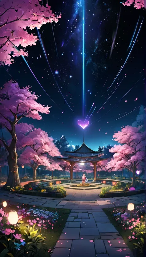 Representative works, concept art, panorama, center, shape, wide shot, garden, night, (meters), space galaxy background (great composition; epic scale), dynamic lighting; bright colors; cherry blossoms; 1 Girl; shiny particles of light 、 heart , heart , lo...