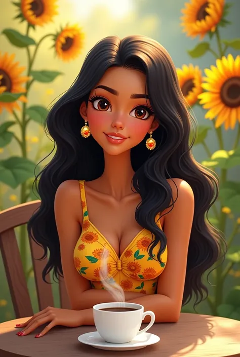 Make me an animated version of a person, a woman of 40 years old., light brown skin, black hair that reaches her back , wavy fur, She is chubby and loves coffee and sunflowers., You can do it with a representative dress and some earrings. 