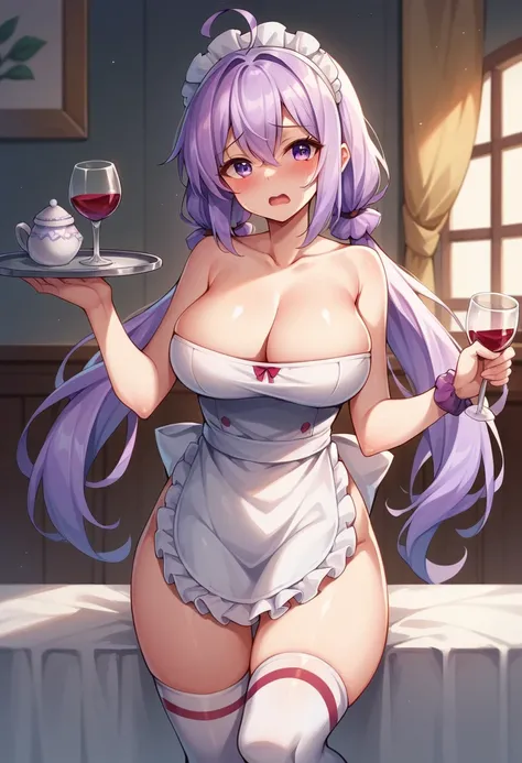 Yukinecris, alone, solo, long hair, breasts, looking at viewer, blushing, mouth open, large breasts, knee-high socks, holding, cleavage, pigtails, standing, purple eyes, collarbone, ahoge, white hair, frills, shiny, indoors, apron, shiny hair, white knee-h...