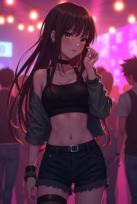 Brown haired anime girl, long hair, emo, sideswept bangs and hot, adult, likes to party.