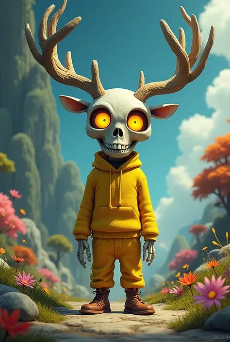 Sans the skeleton with antlers on his head, yellow eyes, and yellow clothes