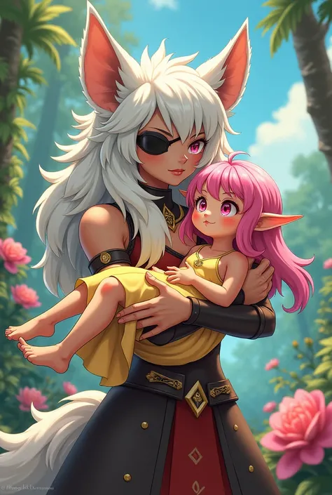 Believe me, a hyena with a feminine aesthetic body with furry features and a warrior appearance, with white hair, Muscular and wearing a dress and an eye patch, that he is carrying a pink-haired elf, pink eyes and a yellow dress that is barefoot, let it be...