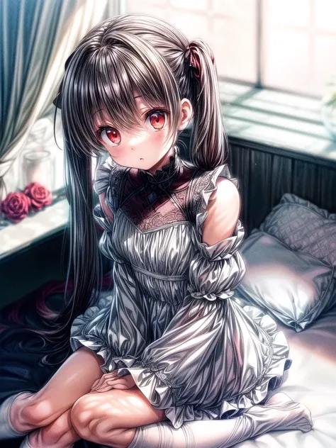 (Detailed and beautiful outlines,white light,soft light,natural light,Caucasian skin:1.3),(upturned eyes,:o,twin tail,black hair,red eyes,over kneehighs,mourning dress,hand between legs,sitting,looking up,day,blue sky,Pale red eyes:1.1),Black Roses,looking...