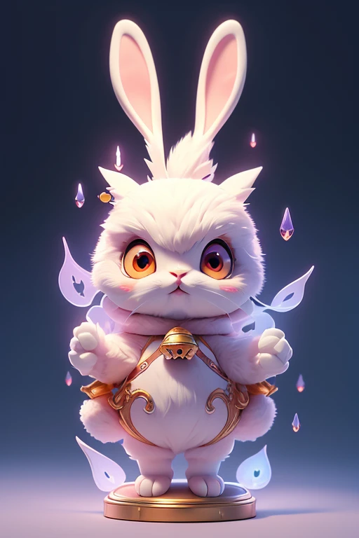 Create a monster image, a rabbit spirit, front view, Put on a cute bell..The body is transparent and can be seen through. The image is sharp and detailed., with beautiful colors.. With arms, leg, eyes, mouth, พื้นหลังสีlegว.