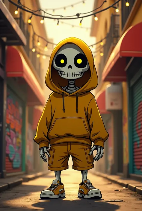 Sans the skeleton from Undertale with yellow eyes and yellow clothes