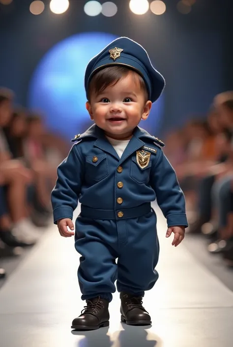 Cute baby with very big head wearing air force uniform and air force hat on his head in fashion show real realistic style full body