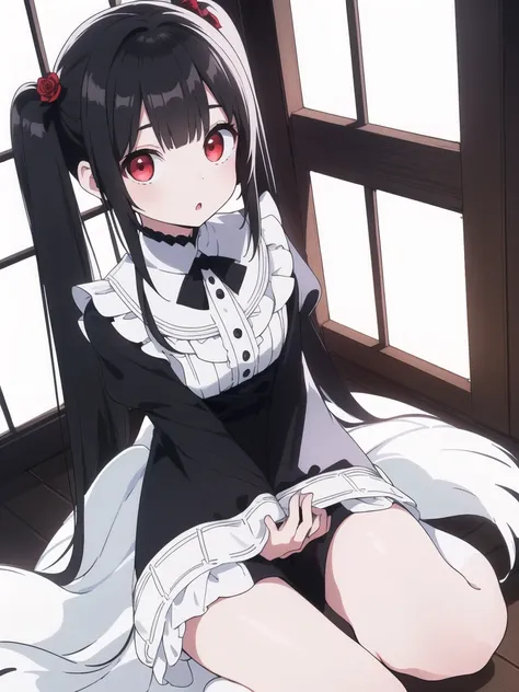 (Detailed and beautiful outlines,white light,soft light,natural light,Caucasian skin:1.3),(upturned eyes,:o,twin tail,black hair,red eyes,over kneehighs,mourning dress,hand between legs,sitting,looking up,day,blue sky,Pale red eyes:1.1),Black Roses,looking...