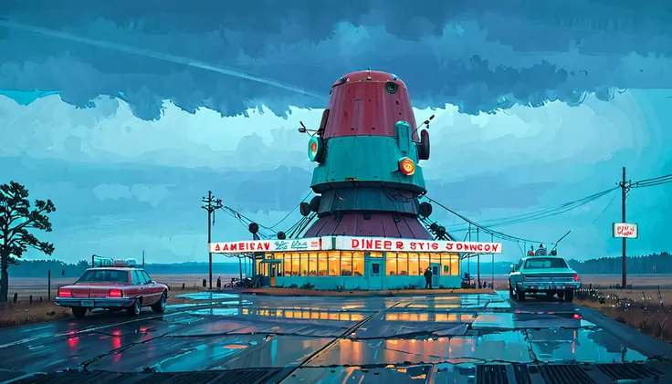 (lora:21Stalenhag:1),(masterpiece), (best quality), (ultra-detailed), (best illustration), (best shadow), (absurdres),((draw by Simon Stlenhag)), ((draw by Simon Stlenhag)), Simon Stlenhag style,SIMON STÅLENHAG,(((American Diner))), Americana Architecture,...