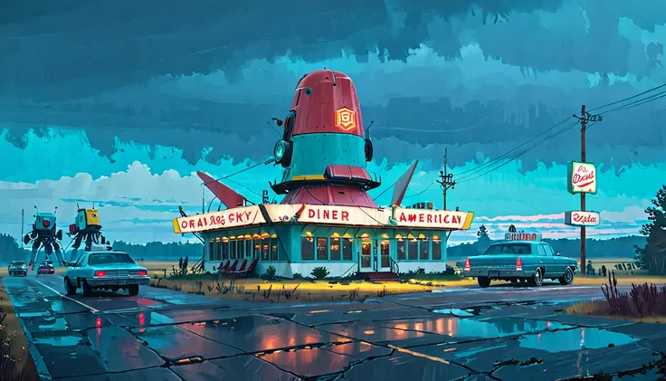 (lora:21Stalenhag:1),(masterpiece), (best quality), (ultra-detailed), (best illustration), (best shadow), (absurdres),((draw by Simon Stlenhag)), ((draw by Simon Stlenhag)), Simon Stlenhag style,SIMON STÅLENHAG,(((American Diner))), Americana Architecture,...