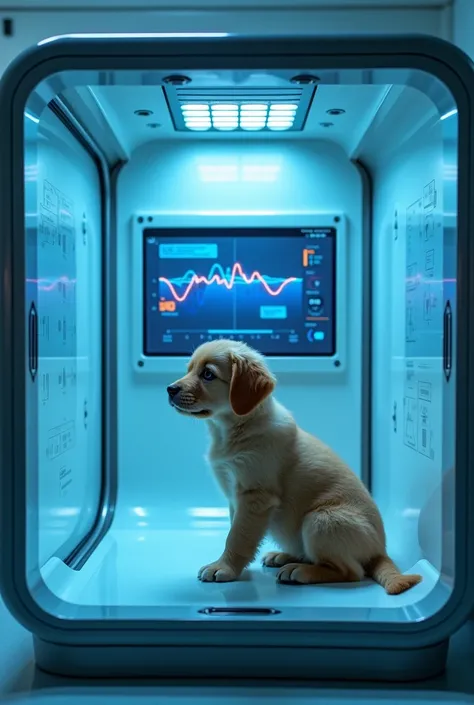 There is a pet inside a small plastic and glass chamber where it receives a full scan of its vital signs and medical condition, and states that are determined by a veterinarian, but using the camera., temperature states, Pressure and heart rate will be dis...