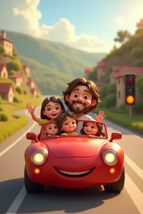 I want an image that has the Disney Pixar style, where Jesus is driving a round car, without hood, with 4 small children in the back seat. He must be driving on a road and behind there is a small town. The image must contain automotive characters with an a...