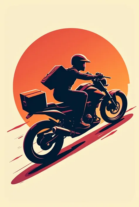 Logo of a delivery man on a motorcycle, seen from the side, going very fast to deliver his order.  The side view should be exaggerated,  more and more to the side,  so fast that fire is coming out. The background should be one solid color.  The delivery ma...