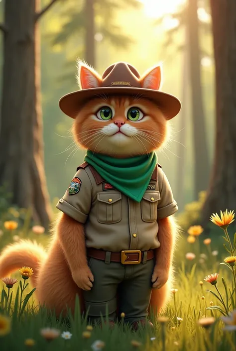 A big fluffy she cat with tan fur and wears a brown park ranger hat a tan grey park ranger shirt, a dark green park ranger pants and she wears a green bandanna and has beautiful lime green eyes