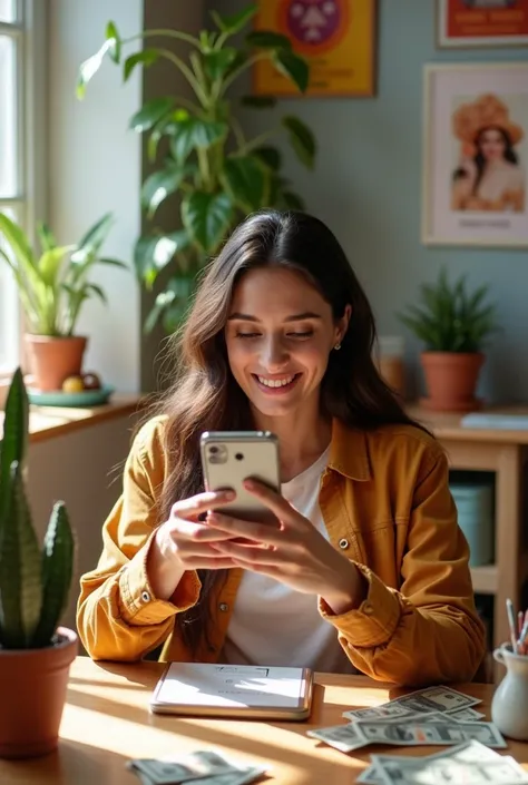 Young woman selling products on her phone, happy counting money 