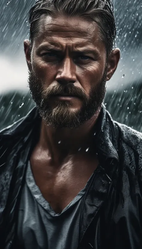 man, bearded, Forehead, Forehead, portrait, camera too far away, ActorTravis Fimmel, sweaty, negro shirt, tired face, muscular, indignant, Wet, Training, camera too far away, sharp focus, An award-winning photo of a fighter who suffers, portrait, raindrops...