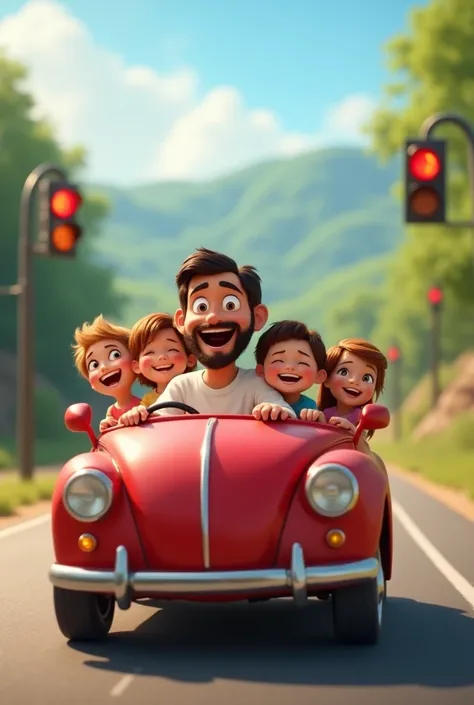 I want an image that has the Disney Pixar style, where Jesus is driving a round car, without hood, with 4 small children in the back seat. He must be driving on a road and behind there is a small town. The image must contain automotive characters with an a...