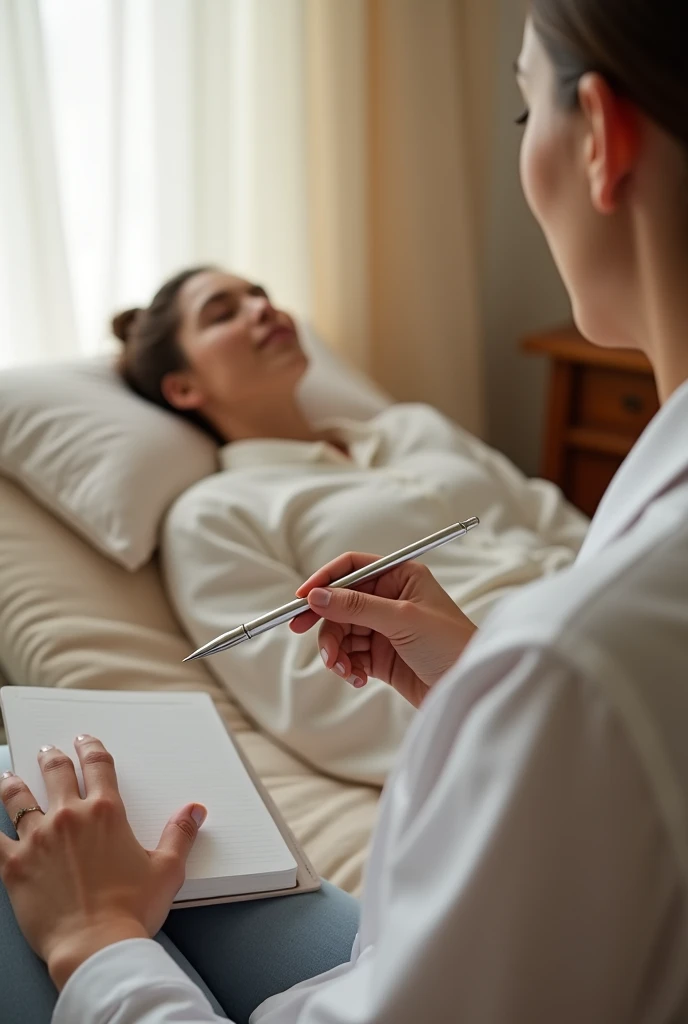 person receiving therapy, lying on a stretcher, therapist holding a silver pen, without a tip, horizontal photo