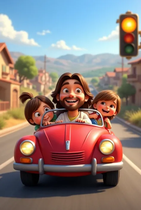 I want an image that has the Disney Pixar style, where Jesus is driving a round car, without hood, with 4 small children in the back seat. He must be driving on a road and behind there is a small town. The image must contain automotive characters with an a...