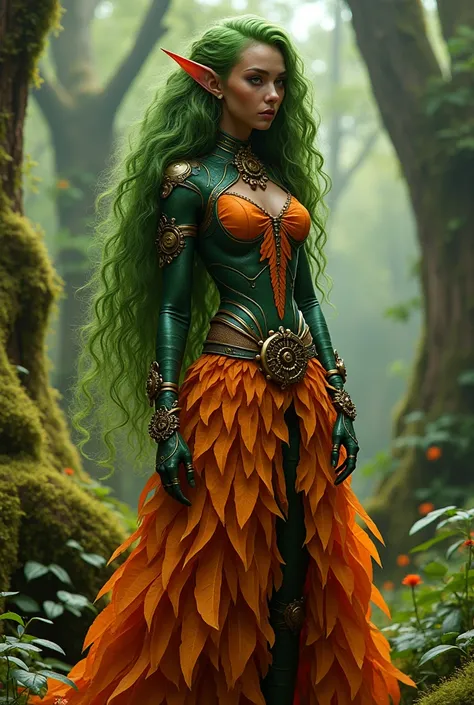 Elfo d&d, feminine, long moss green curly hair, dark copper skin with green veins, one meter and fifty centimeters tall, orange leaf clothes in a steampunk style