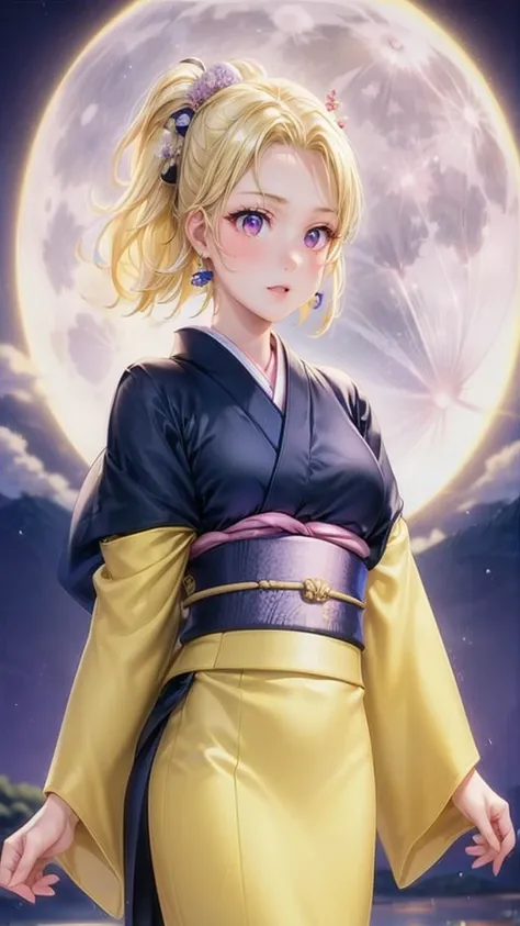 a beautiful japanes girl in yellowkimono, in the style of dark purple and light amber, cute anime characters, 8k uhd, japanese clothes, kimono, moon, jewelry, earrings, blonde hair, obi, sash, yellow kimono, full moon, night, outdoors