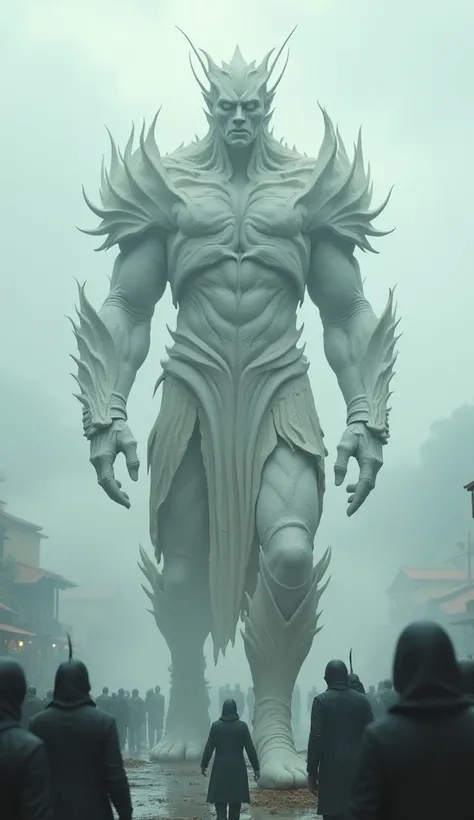 Screenshot, creature in gorgeous white battle suit - pale (lifeless), rough skin, rough textured clothes, deep wrinkles, walking among mercenaries, 5m tall creature, pure white light, detailed skin expression, aerial background above the town (realistic fi...