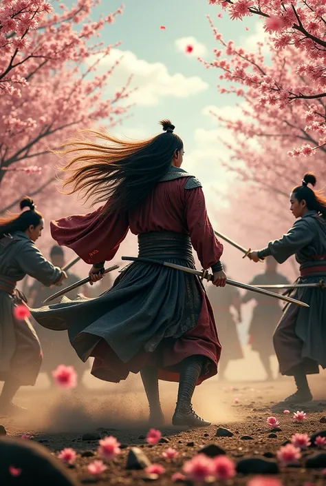 A long-haired ronin, his hair flowing like a womans, with a lean and confident build, fighting alone, dueling SOLO against multiple men in the Sengoku era.
