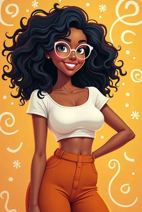 White woman with black curly hair, with clear round glasses. breasts big, thin waist and big hips, slightly chubby 2D