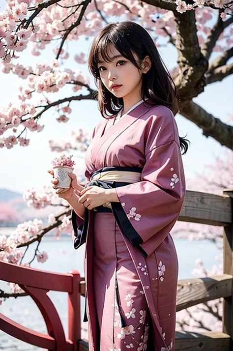 Japanese girl under a beautiful cherry blossom tree 