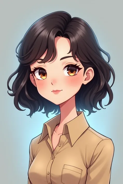 Cartoon style,A woman, short shoulder length hair with slightly wavy hair and side parting like a TV presenter style, cartoon style with normal eye proportions, cute and young face shape, Light brown eye color, 17 year old facial proportions, normal and no...