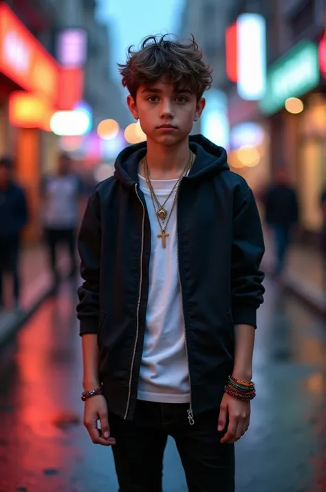 1 chico, short, messy hair, 14 year old teenager, black jacket, White shirt, Black pants, Red eyes, wristbands and bracelets, relaxed and serious 