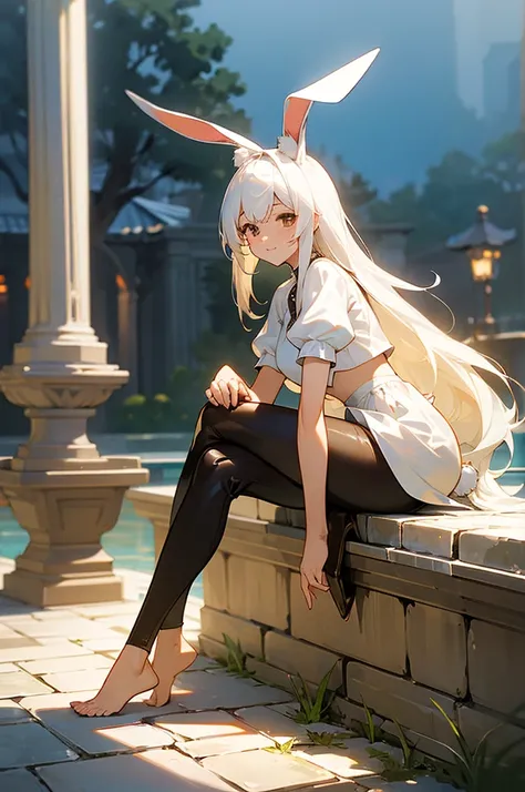 ((masterpiece,best quality)),1girl, solo, fit body, animal ears, rabbit, barefoot, sitting comfortably, leather pants, leather crop top, sitting, rabbit ears, short sleeves, looking at viewer, stone brick floor, large mansion in the background, long white ...