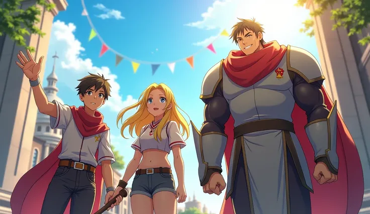 ( High quality 2D animation) Asahi、Departure Day、A group of brave men、A party of four: a handsome and refreshing hero, a female mage, a healer, and a tank.、Departure from the capital、Bright sunlight、excited、looks fun、Looking forward to the adventures ahead...