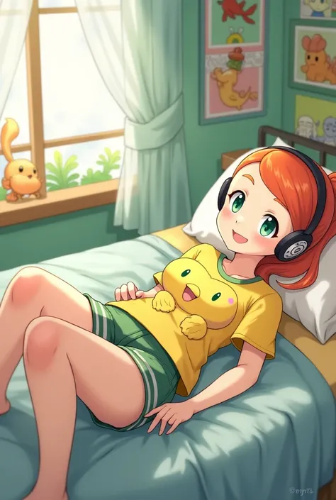 Draw Misty from Pokémon in a room lying on her bed listening to music with pokeball shaped headphones.
Misty has short hair pulled back in a ponytail on the right side of her head and it is orange; Her eyes are green.
Shes wearing a yellow shirt with a Tog...