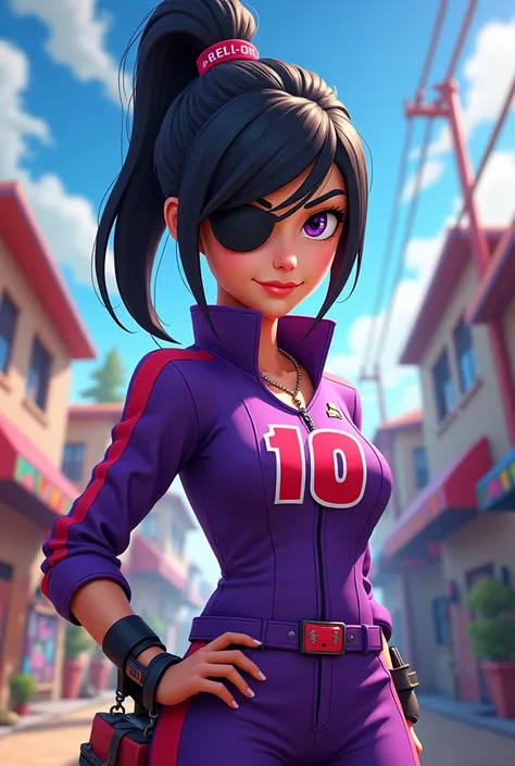 Free Fire character in Cartoon version, drawn style, with hair tied in a ponytail, black hair, an eyepatch on both sides of the eyes, purple, team color with the number 10 in red.