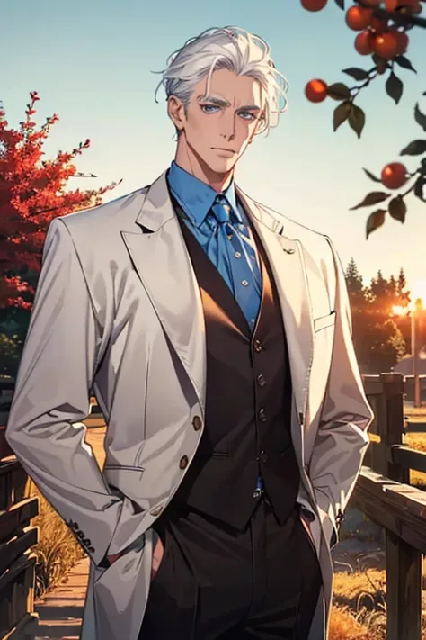 ((masterpiece:1.2, best quality)), 4k, adult, european face, 1man, male, mature, aged up, handsome, verytall, muscles, broad shoulders, dark casual clothes, white skin, middle white hair, blue eyes, portrait, sunset, old house with apple trees. 
