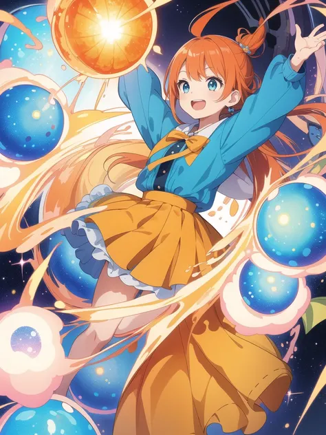 1girl,(((Highest quality、Masterpiece、Official Art、Dynamic composition、Super detailed、Perfect Anatomy)))、Orange and blue palette、happiness、Happiness、Creative new hairstyle、Unique clothing、Sparkling、