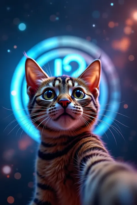 Close-up of cat face, Space in the background (Beautiful shining stars and galaxies), Space Cat, Large target "!?" on the screen is written in Large target letters on the screen,Heart symbol、Cute selfie