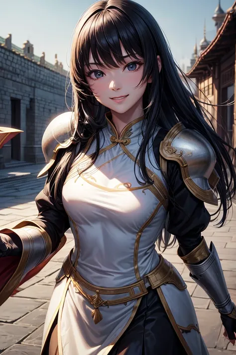 Armored１People Women, smile, clear, Hanfu, Wearing light armor, Tight waist, Long Hair, Black Hair, black eye, Five fingers, An old Chinese castle in the background, cinematic lighting, cowboy shot, anime, UHD, retina, masterpiece, accurate, anatomically c...