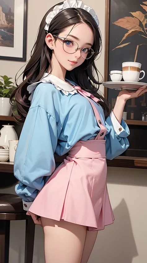 One Girl(High resolution, masterpiece, accurate, Anatomically correct), ((Landscape、Wearing glasses、A happy look、holding a tray with coffee.))、(Hair the color of water, with ends that are fluffy、Light blue eyes)、((Maid outfit、Pink mini skirt:1.5、Small wais...