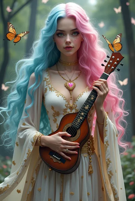 A very sexy girl with long very pink and blue hair, her skin is quite white and delicate, being covered with tattooed magic runes and a brilliant golden dust, Your eyes have heterochromia.. She wears the robes of a beautiful elegant muse and also likes to ...