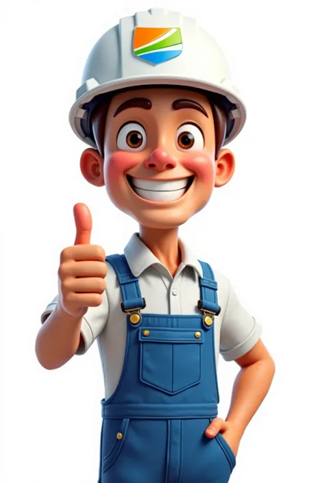 Cute cartoon engineer with a big head, thumbs up, white helmet and company logo, white background, and only half of the body shown. 
