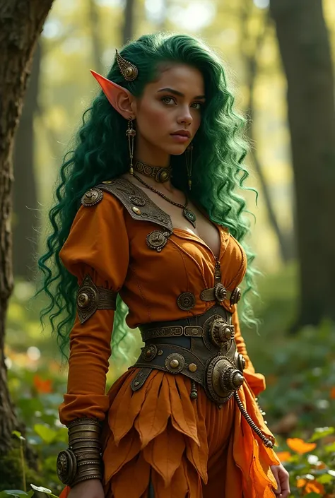 Elfo d&d, feminine, long moss green curly hair, dark copper brown, with indigenous traits, light brown eye, one meter and fifty centimeters tall, orange leaf clothes in a steampunk style.