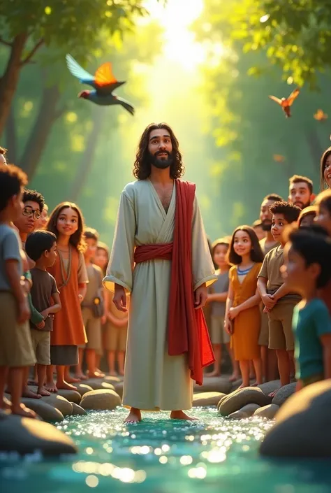 Jesus speaking to people near the river, animated in a Pixar 3D style 